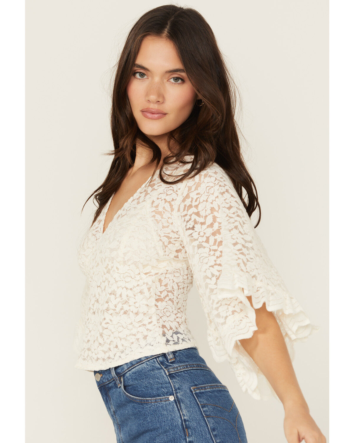 Image #2 - Shyanne Women's Wrap Front Long Sleeve Lace Top, Ivory, hi-res