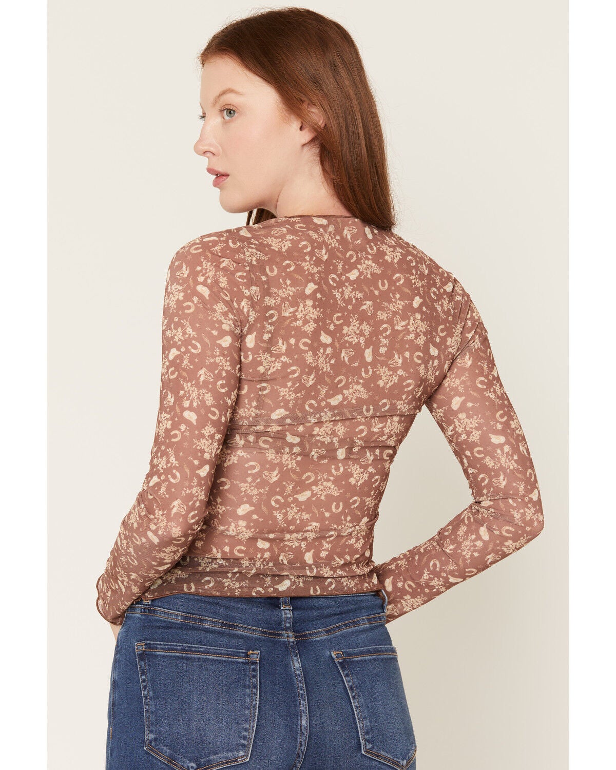 Image #4 - Trixxi Women's Scattered Icon Print Long Sleeve Mesh Top, Brown, hi-res