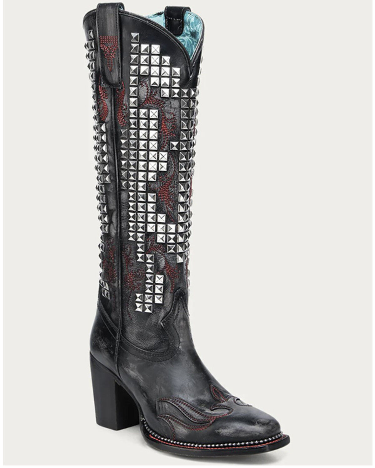 Image #1 - Corral Women's Studded Embroidery Tall Western Boots - Square Toe, Black, hi-res