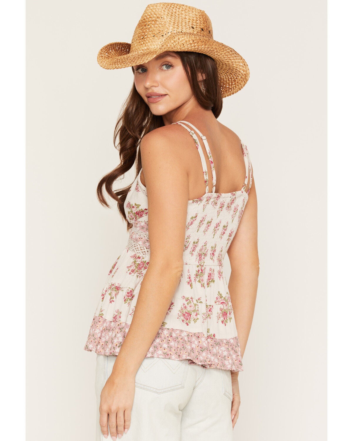 Image #4 - Angie Women's Floral Print Lace Trim Tank Top, Ivory, hi-res
