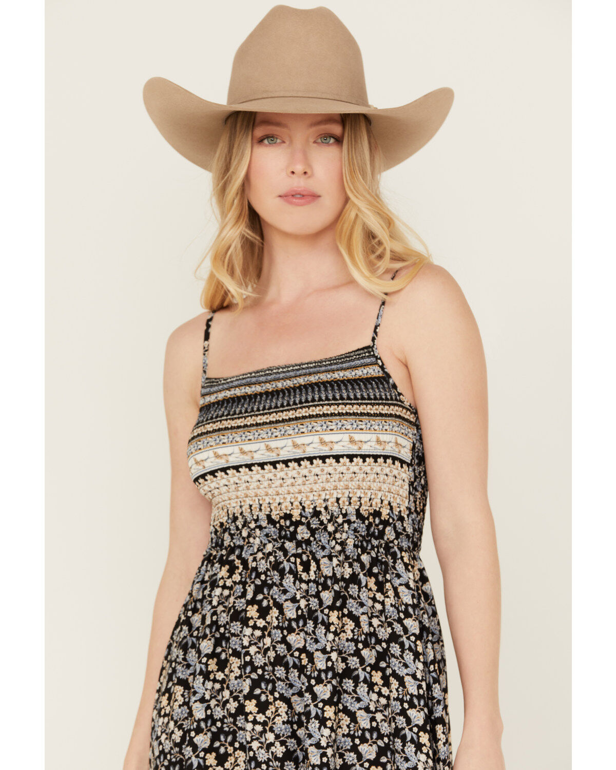 Image #2 - Wild Moss Women's Border Print Smocked Front Midi Dress, Blue, hi-res