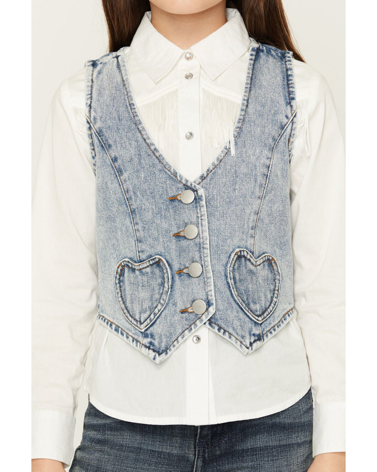 Image #3 - 26 International Girls' Denim Heart Pocket Vest, Medium Wash, hi-res