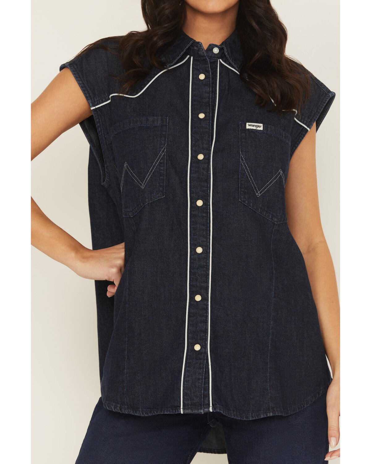 Image #3 - Wrangler Women's Modern Sleeveless Denim Western Shirt, Blue, hi-res