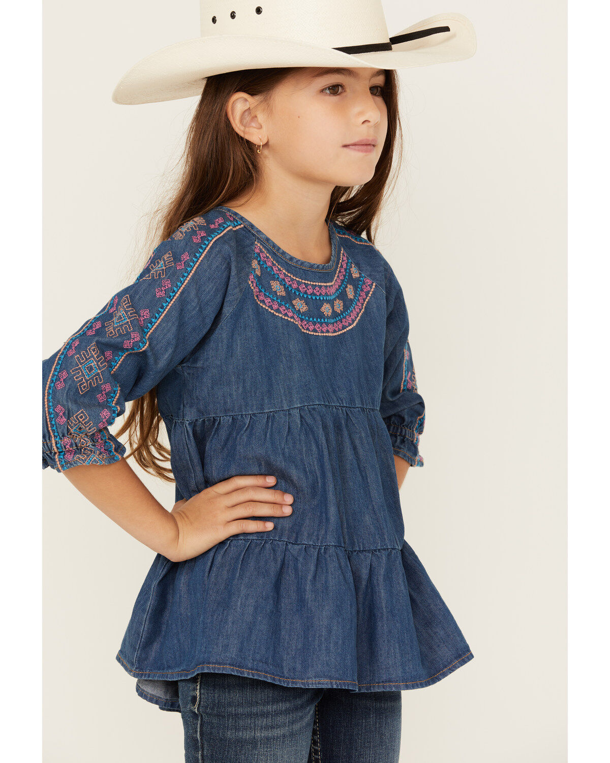 Image #2 - Wrangler Girls' Dark Wash Denim Embroidered Tunic Shirt, Dark Wash, hi-res