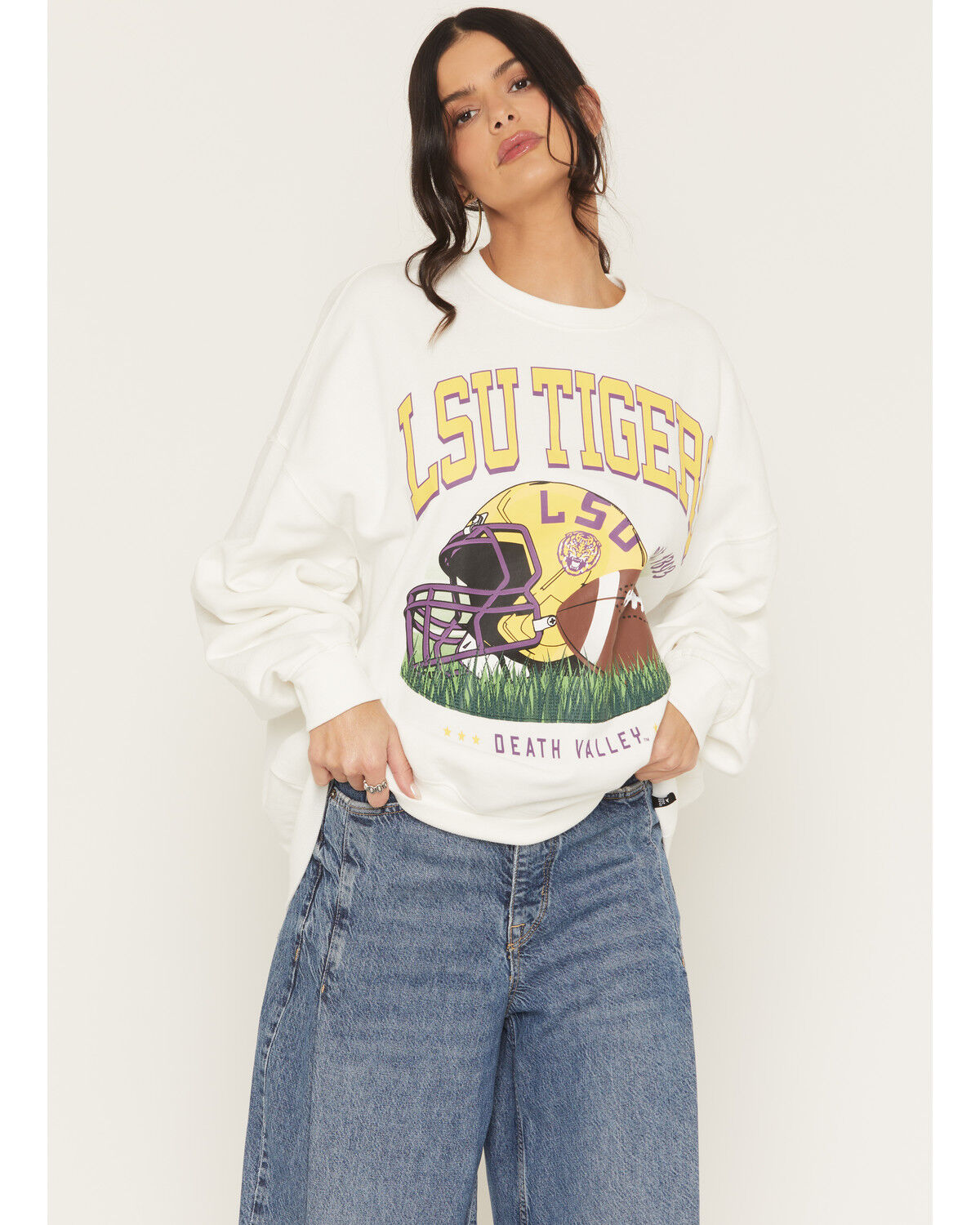 Image #1 - Gameday Women's LSU Tigers Helmet Embroidered Graphic Crewneck, White, hi-res