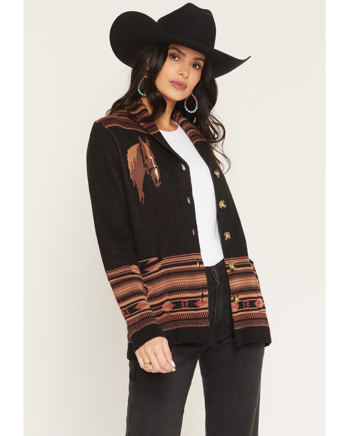 Image #1 - Cotton & Rye Women's Horse Button-Down Cardigan, Black, hi-res