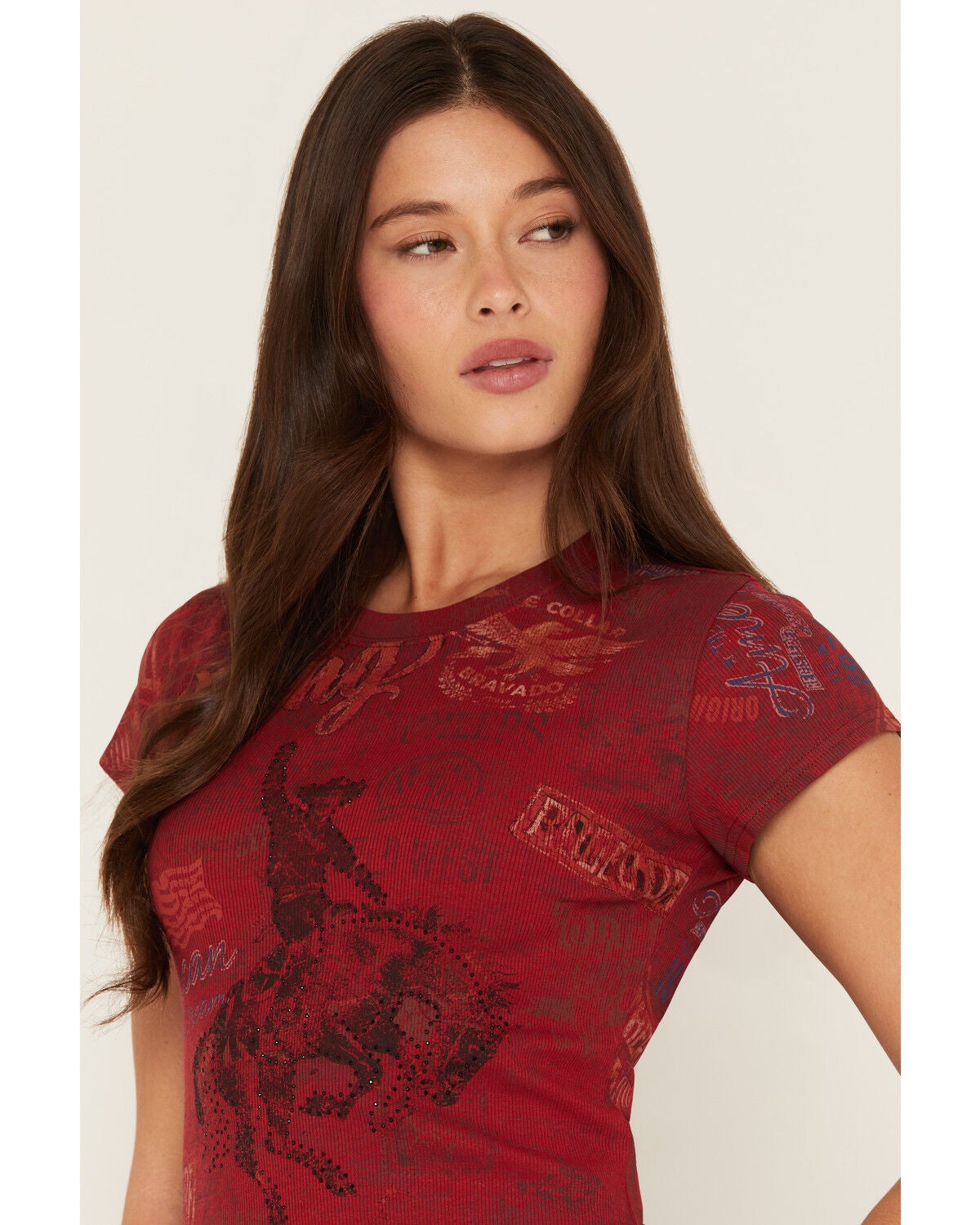 Image #2 - Shyanne Women's Long Live Cowboys Short Sleeve Graphic Tee, Red, hi-res