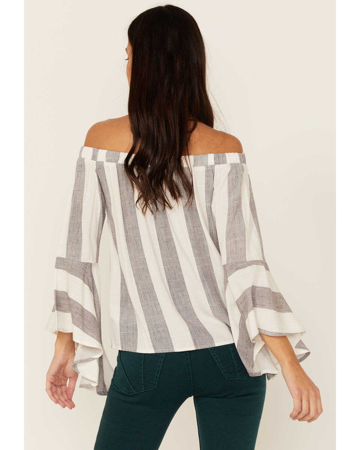 Image #4 - Shyanne Women's Gray Stripe Off The Shoulder Bell Sleeve Top, , hi-res