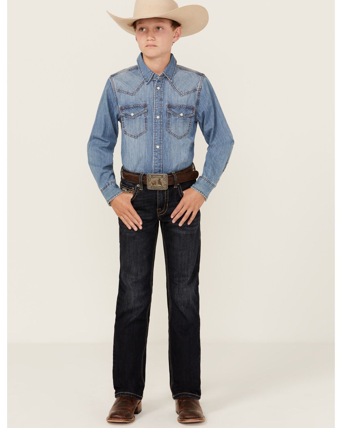 Rock & Roll Denim Boys' Dark Wash Bootcut Stretch Denim Jeans, Blue, hi-res