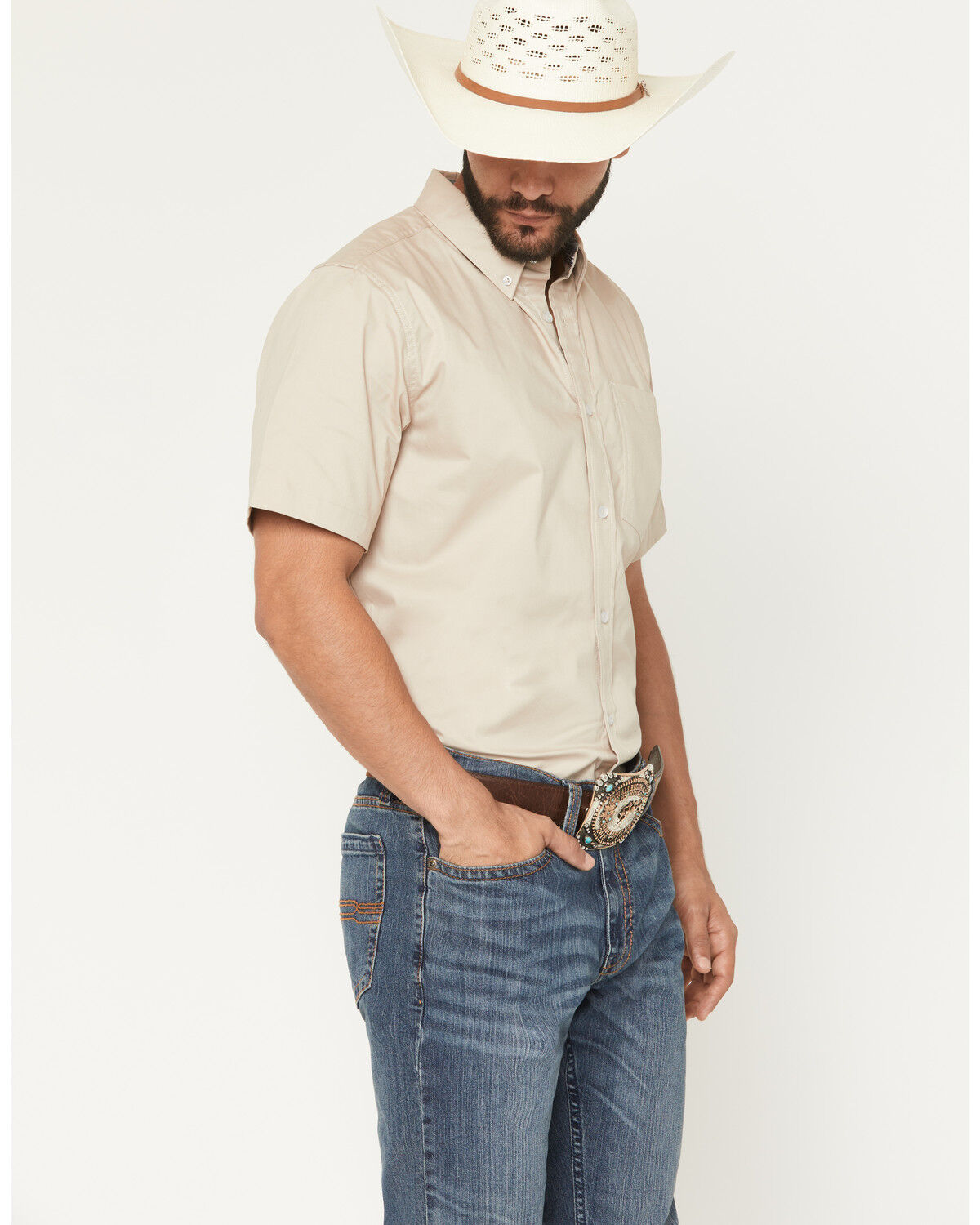 Image #2 - Cody James Men's Basic Twill Short Sleeve Button-Down Stretch Western Shirt, Tan, hi-res