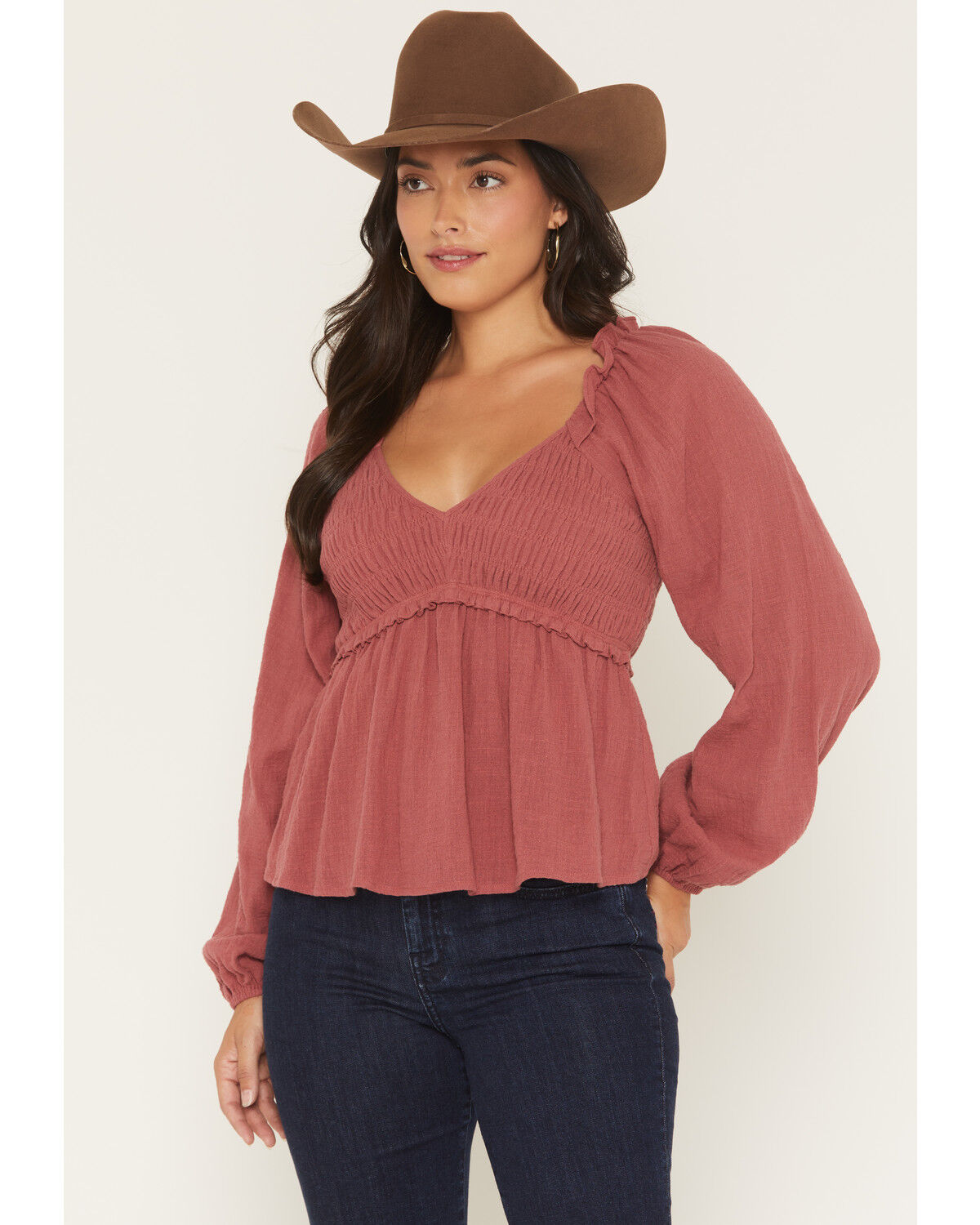 Yura Women's Long Sleeve Smocked Top, Rose, hi-res