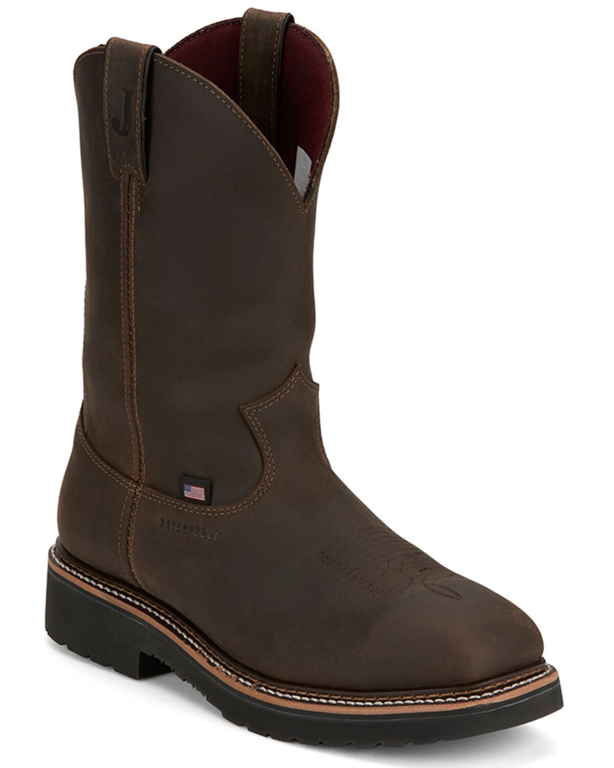 Justin Men's 11" Billings USA Waterproof Pull-On Work Boots - Steel Toe, Dark Brown, hi-res