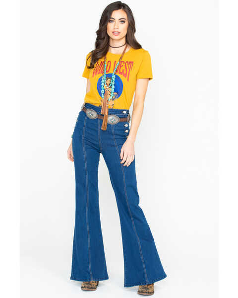 Image #6 - Flying Tomato Women's Button Side Dark Denim Flare Trouser Jeans, , hi-res