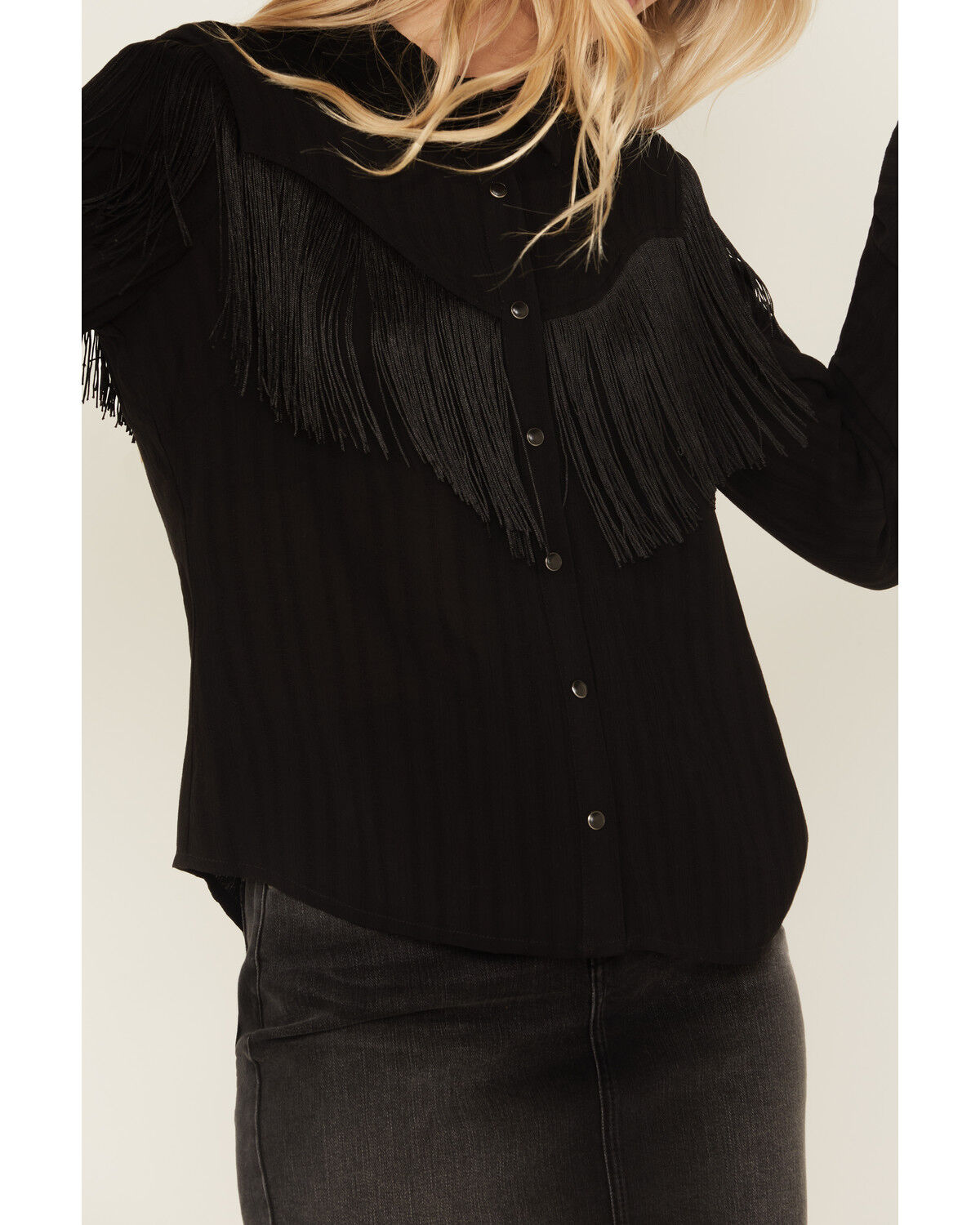 Image #3 - Idyllwind Women's Etta Fringe Long Sleeve Snap Western Shirt, Black, hi-res