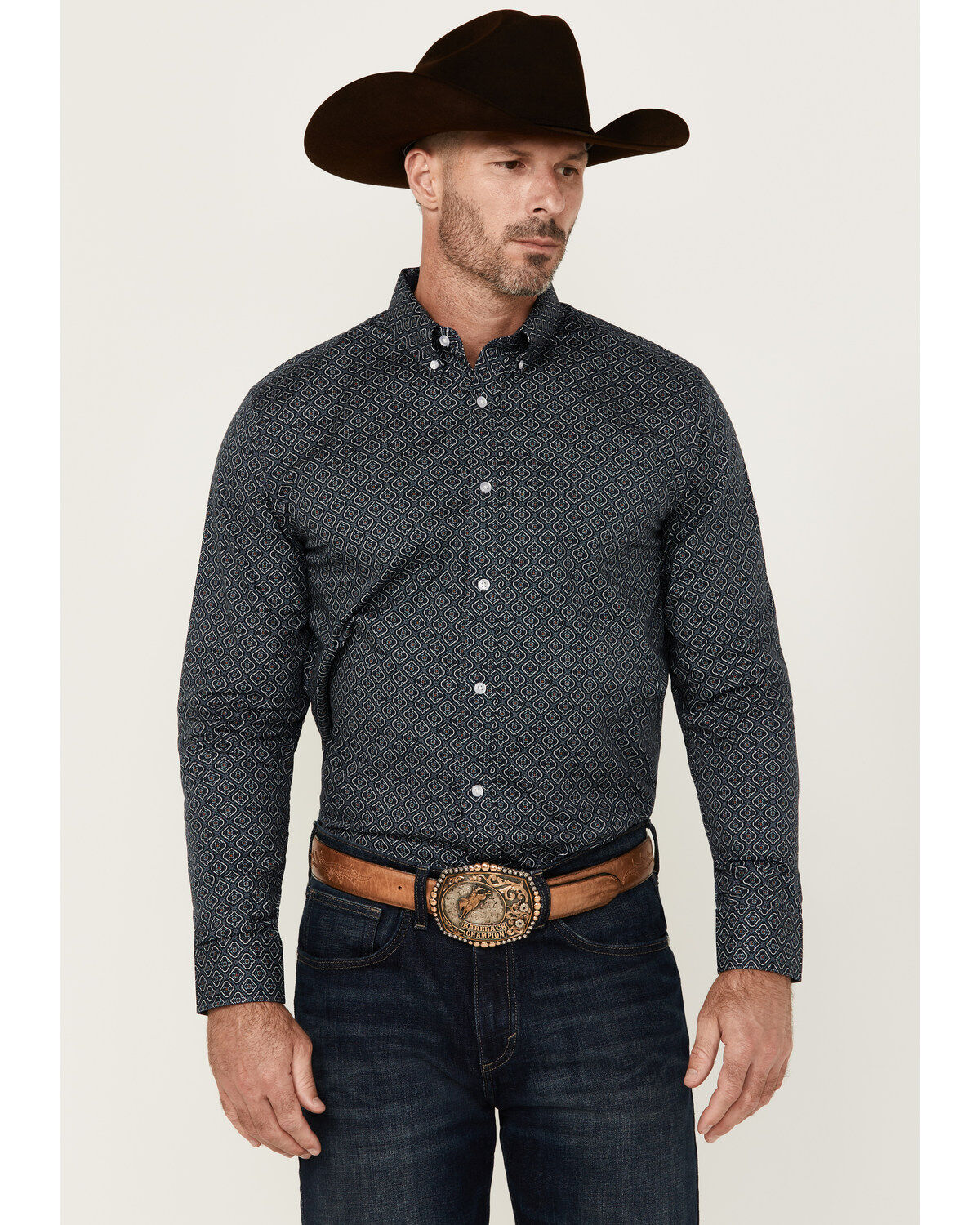 Image #1 - Cody James Men's Slingshot Geo Print Long Sleeve Button-Down Stretch Western Shirt, Navy, hi-res