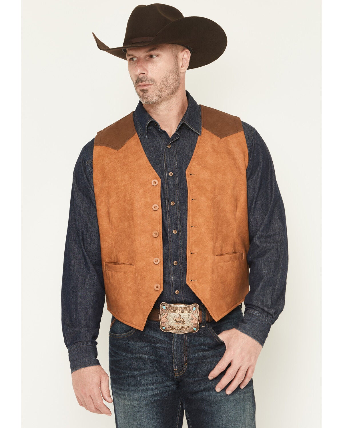 Cody James Men's Buckaroo Colorblock Faux Leather Button-Down Vest, Tan, hi-res