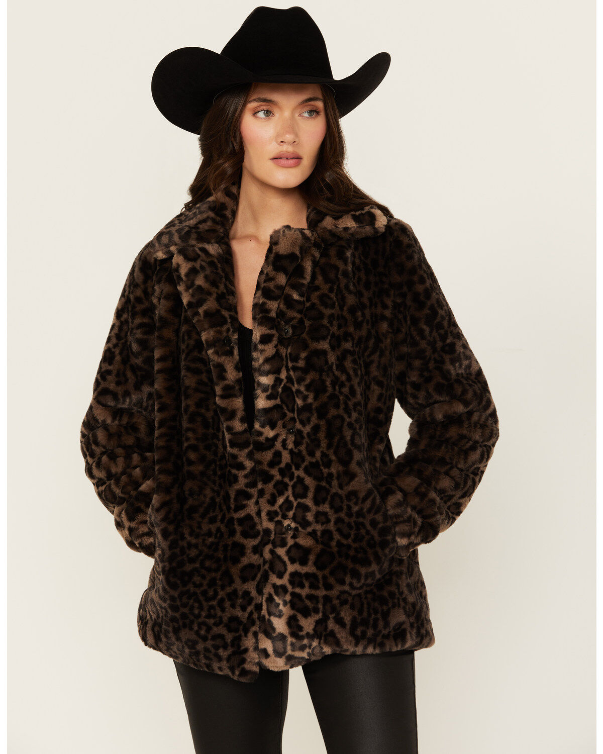 Image #1 - Shyanne Women's Leopard Print Faux Fur Jacket, Charcoal, hi-res