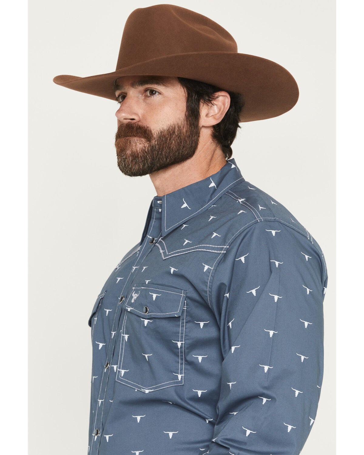 Image #2 - Cowboy Hardware Men's Skull Print Long Sleeve Snap Stretch Western Shirt, Slate, hi-res