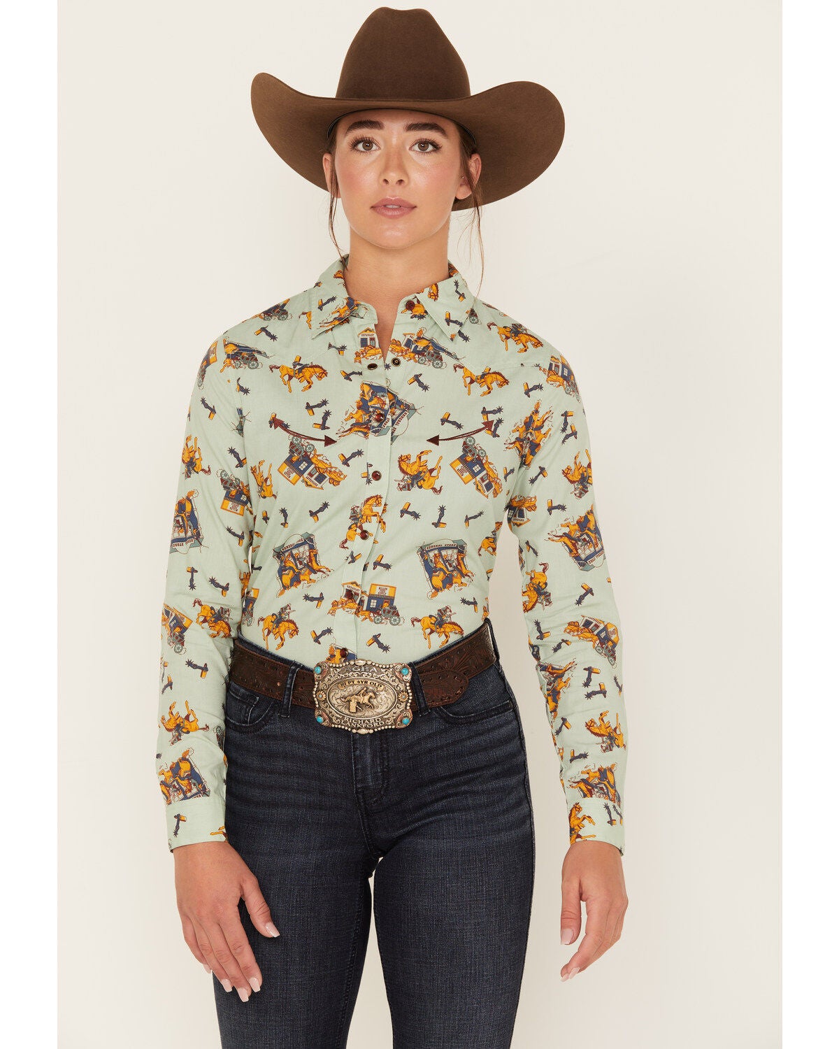 Cruel Girl Women's Western Toss Print Long Sleeve Snap Shirt, Green, hi-res