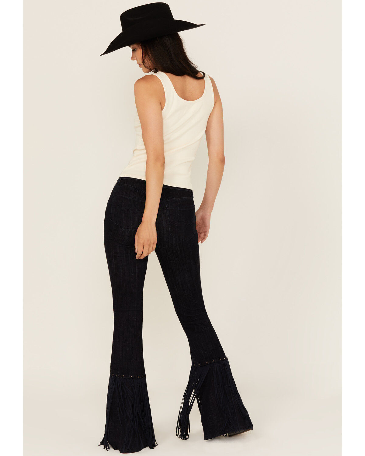 Product Name:  Idyllwind Women's Magnolia Dark Wash Outlaw High Rise Studded Fringe Super Stretch Flare Jeans