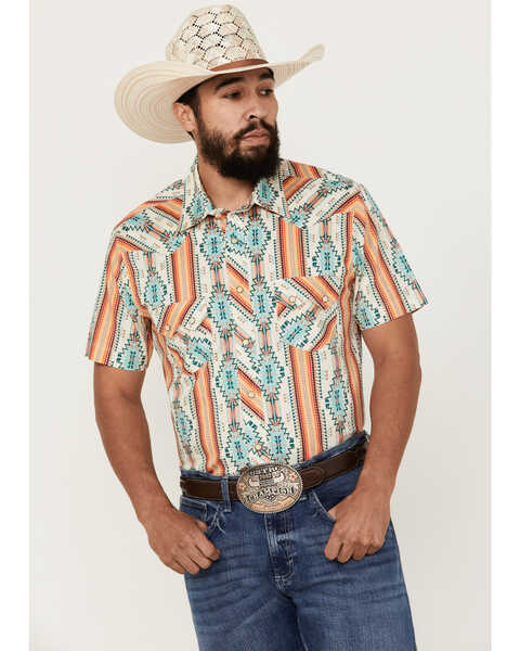 Rock & Roll Denim Men's Southwestern Print Long Sleeve Pearl Snap Stretch Western Shirt , Cream, hi-res