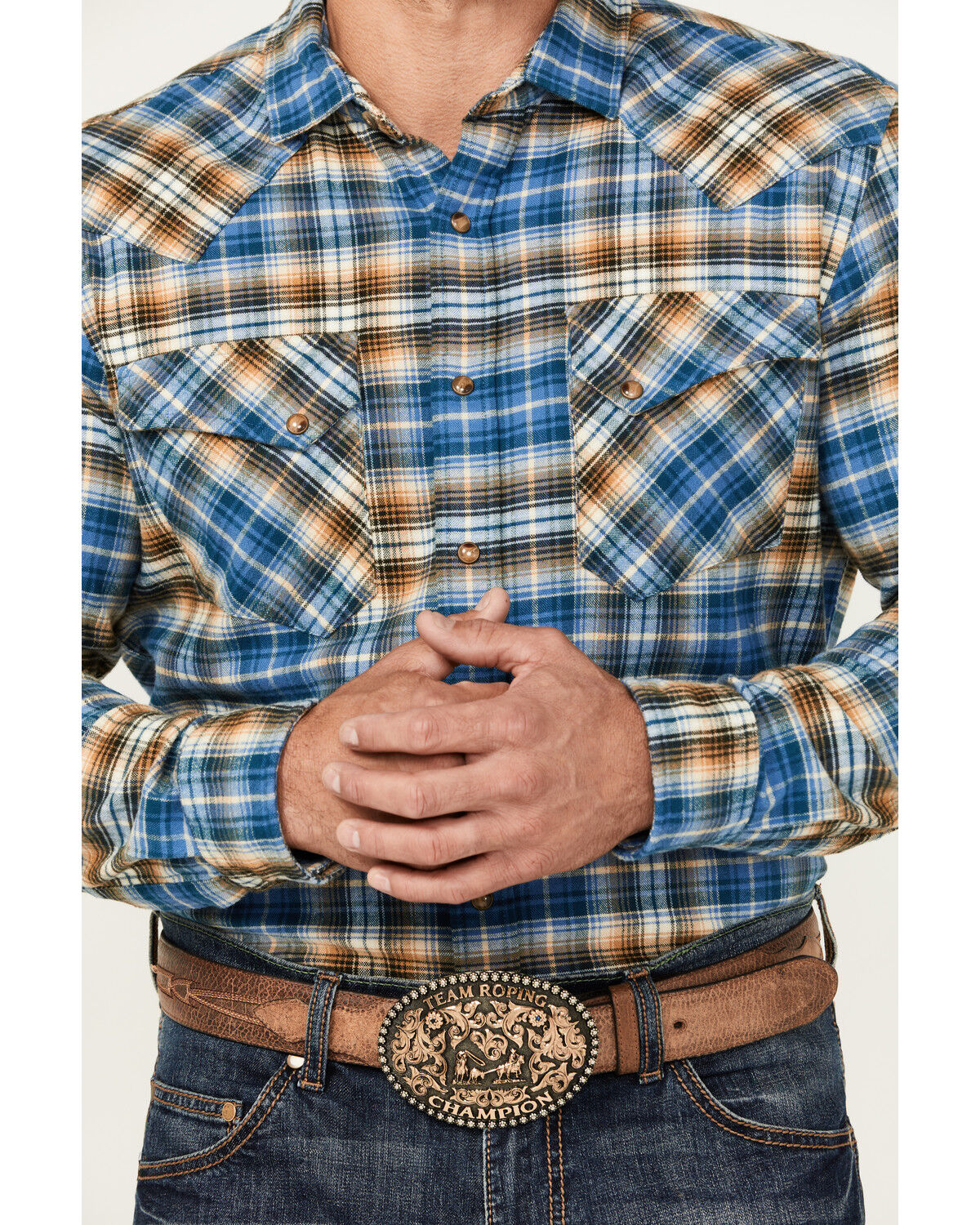 Image #3 - Pendleton Men's Wyatt Plaid Print Long Sleeve Pearl Snap Western Shirt, Blue, hi-res