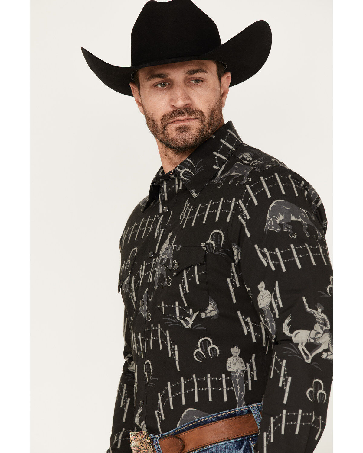 Image #2 - Rock & Roll Denim Panhandle Men's Vintage 46 Print Long Sleeve Snap Shirt, Black, hi-res