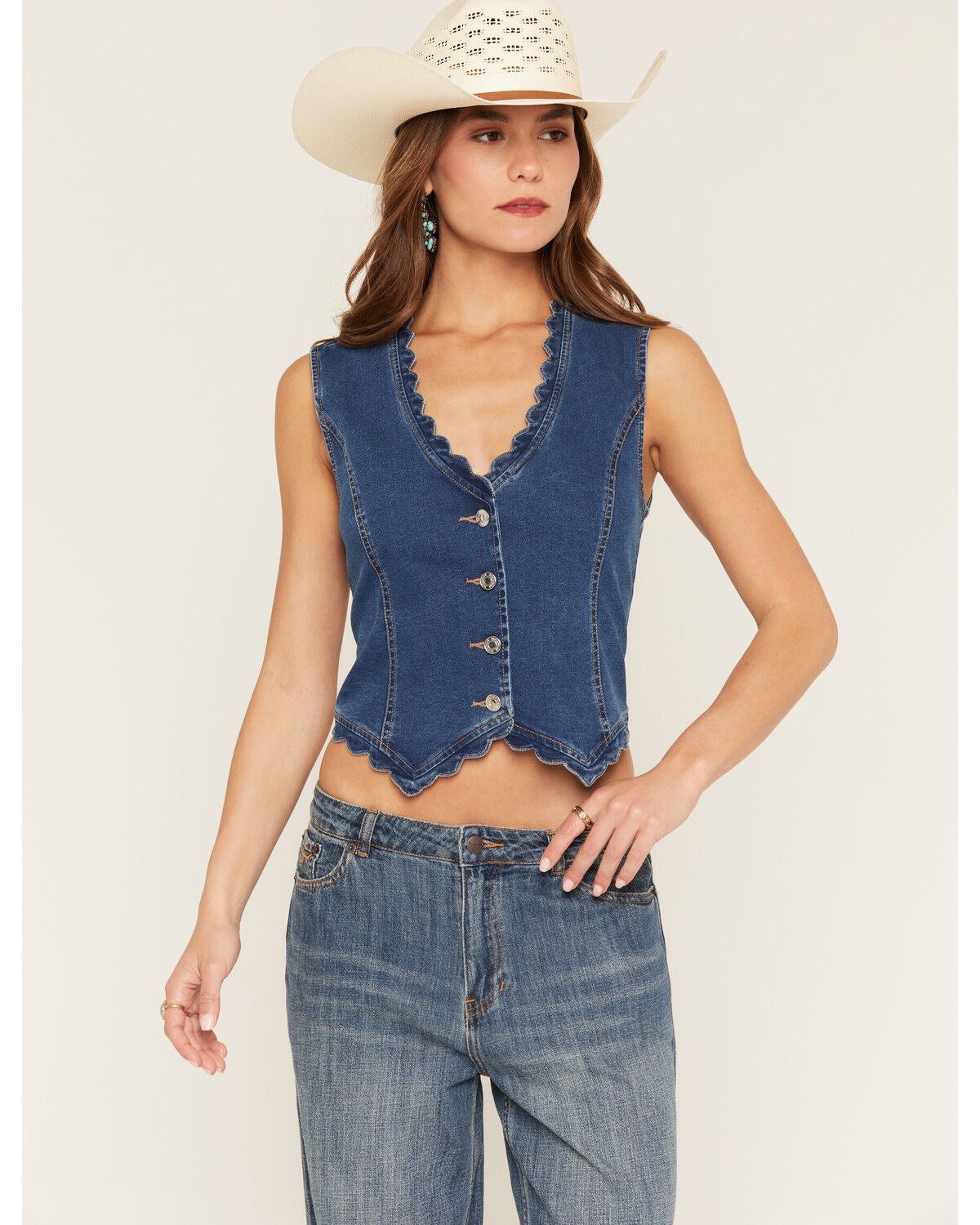 26 International Women's Scalloped Edge Fitted Denim Vest, Medium Wash, hi-res