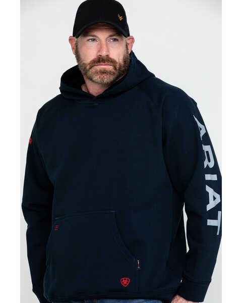 Ariat Men's Navy FR Primo Fleece Logo Hooded Work Sweatshirt - Big , Navy, hi-res