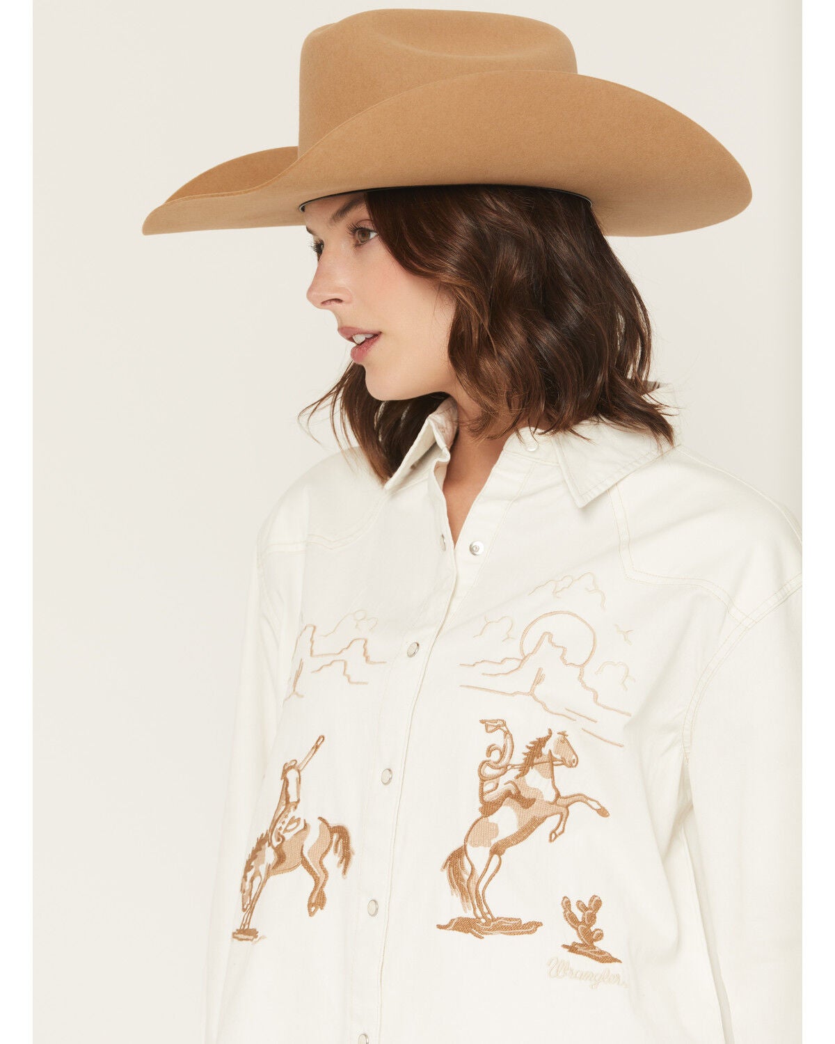 Image #2 - Wrangler Retro Women's Horse Embroidered Long Sleeve Snap Denim Western Shirt, Cream, hi-res