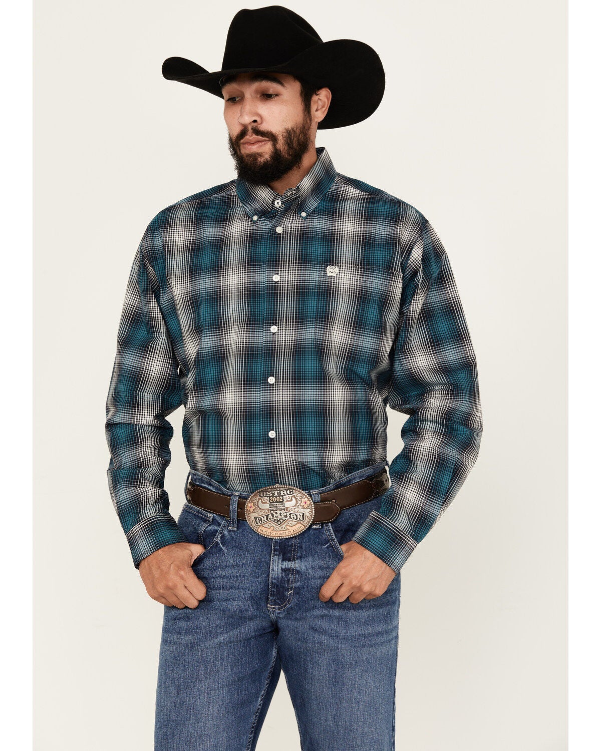 Cinch Men's Plaid Print Long Sleeve Button-Down Western Shirt, Teal, hi-res