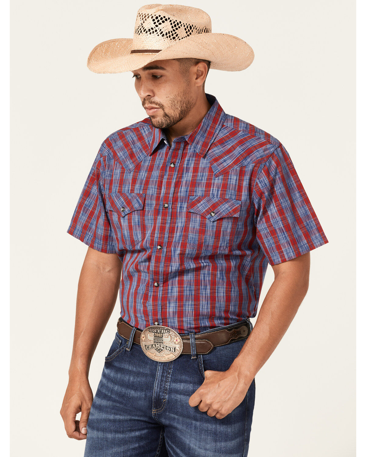 Image #1 - Moonshine Spirit Men's Roja Plaid Print Short Sleeve Snap Western Shirt, Navy, hi-res