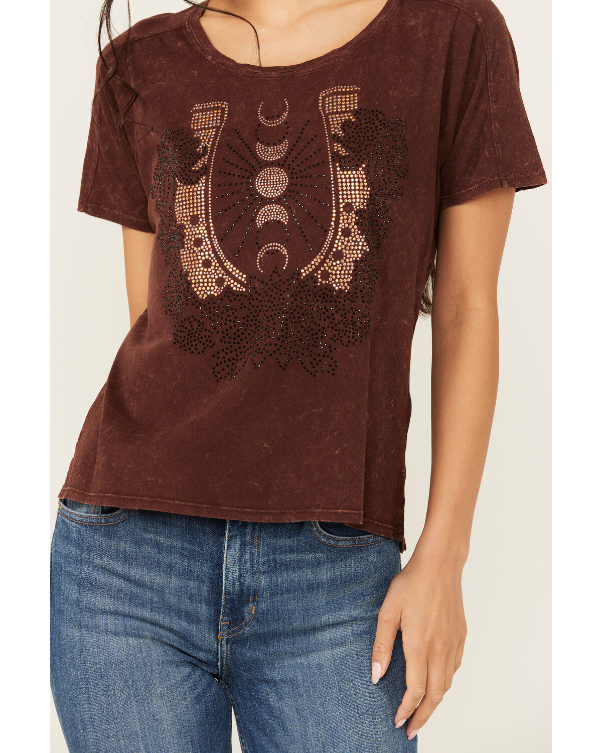 Image #3 - Shyanne Women's Rhinestone Horseshoe Short Sleeve Graphic Tee, Mahogany, hi-res