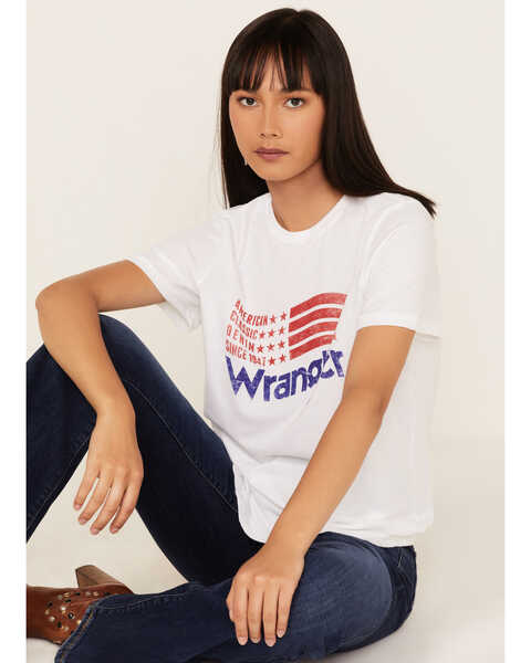 Wrangler Women's Vintage Americana Flag Logo Graphic Tee, White, hi-res