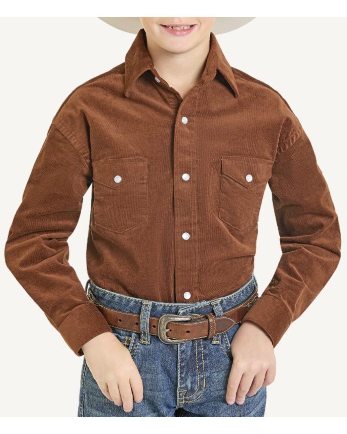 Image #1 - Panhandle Slim Boys' Solid Corduroy Long Sleeve Snap Western Shirt, Brown, hi-res