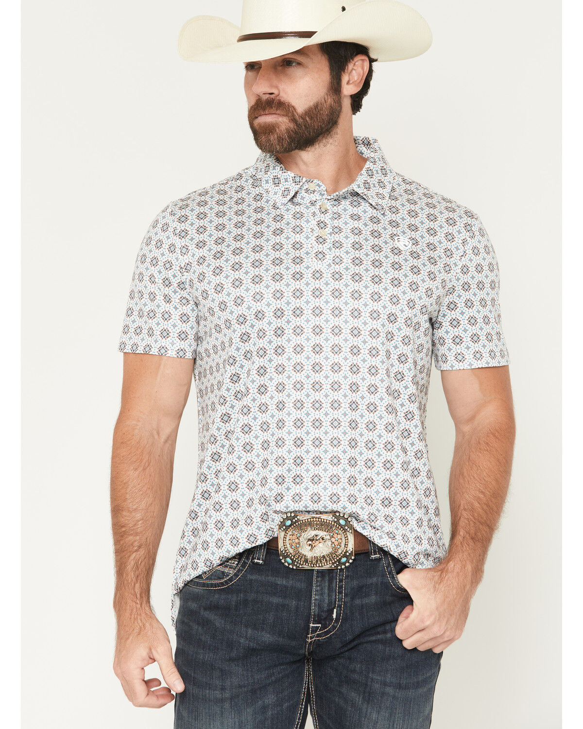 Image #1 - Rock & Roll Denim Men's Medallion Print Short Sleeve Button-Down Stretch Polo Shirt, Natural, hi-res