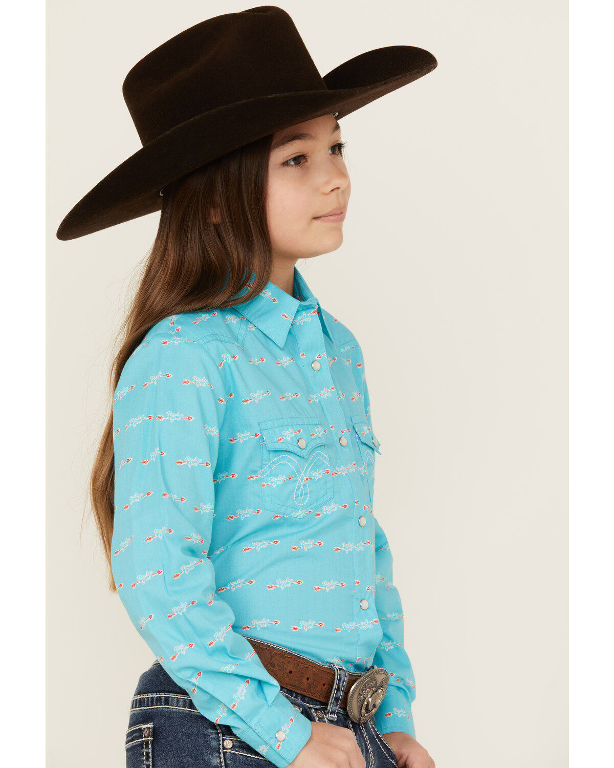 Image #2 - Panhandle Girls' Rodeo Arrow Print Long Sleeve Pearl Snap Western Shirt, Turquoise, hi-res