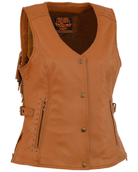 Milwaukee Leather Women's Saddle Tan Fringe Snap Front Vest, Medium Brown, hi-res