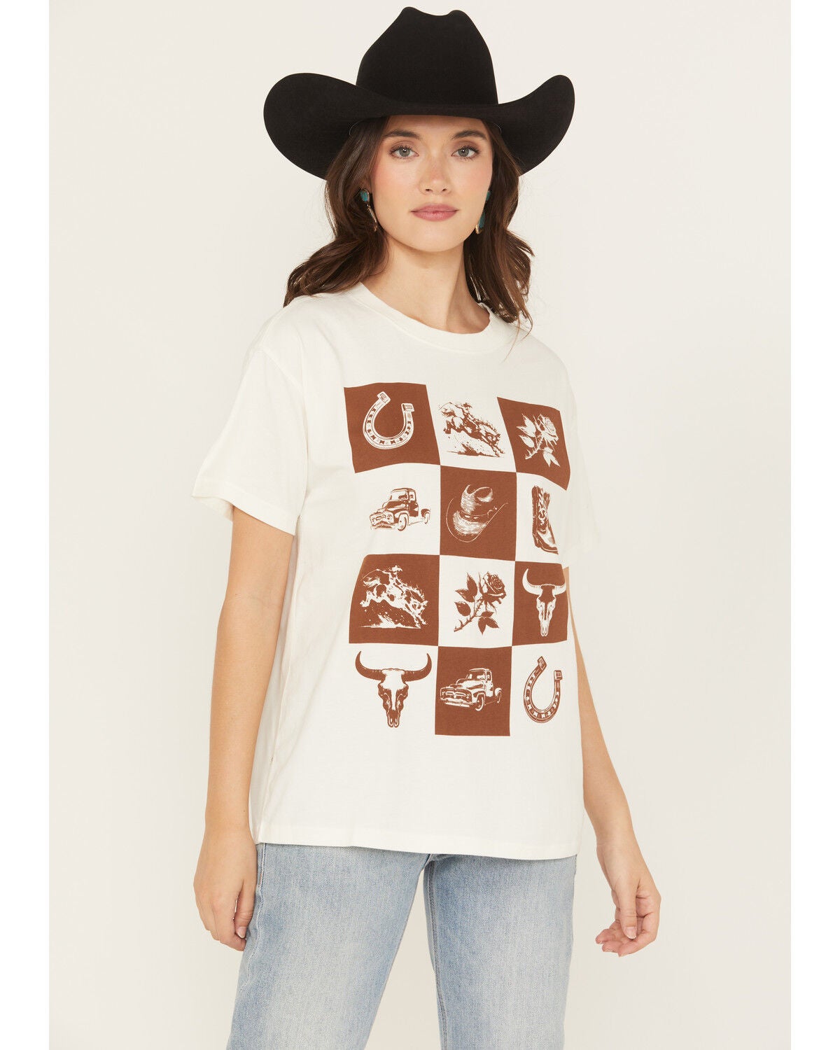 Shyanne Women's Western Checkerboard Short Sleeve Graphic Tee, Ivory, hi-res