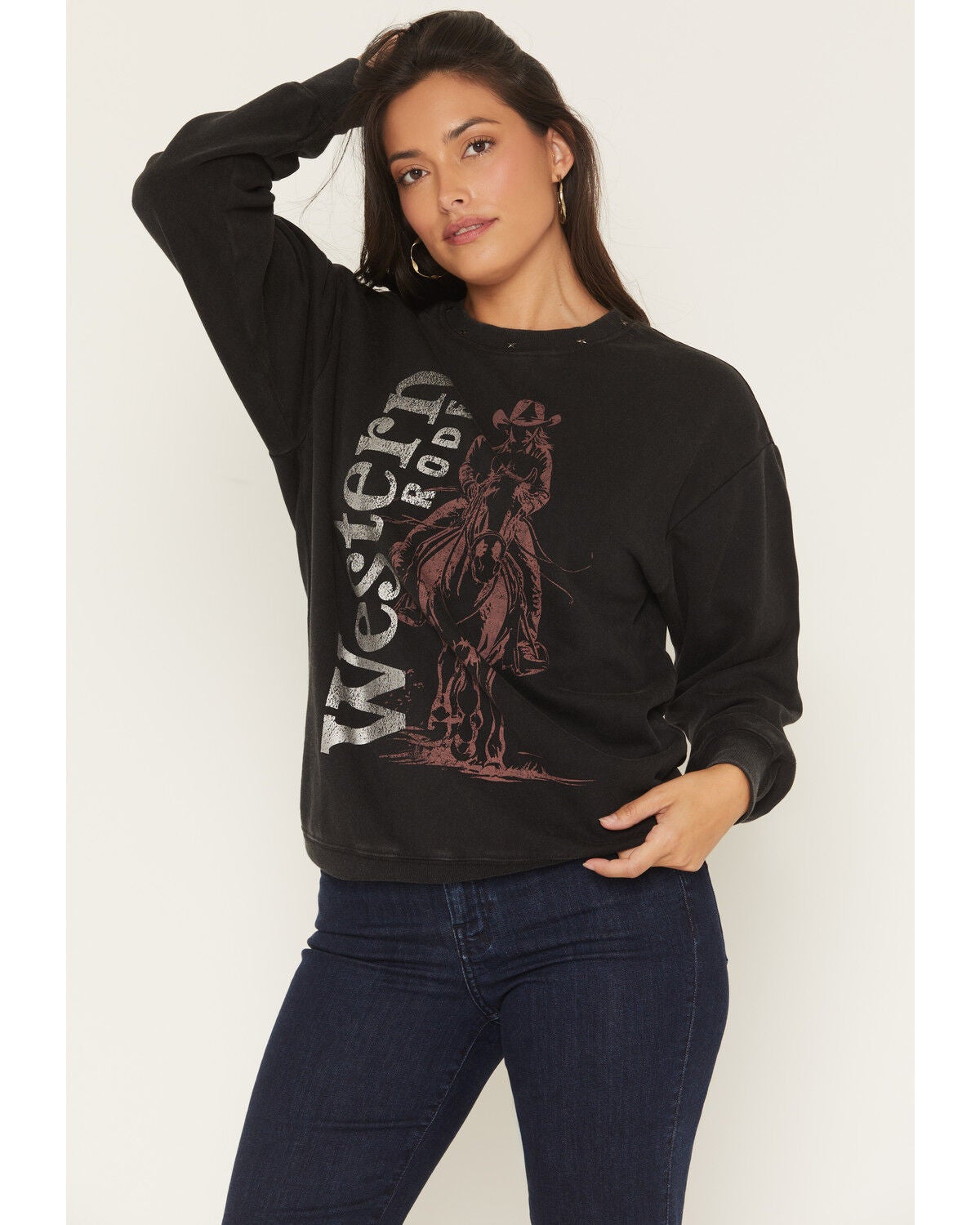 Youth in Revolt Women's Western Rodeo Crew Neck Sweatshirt, Black, hi-res