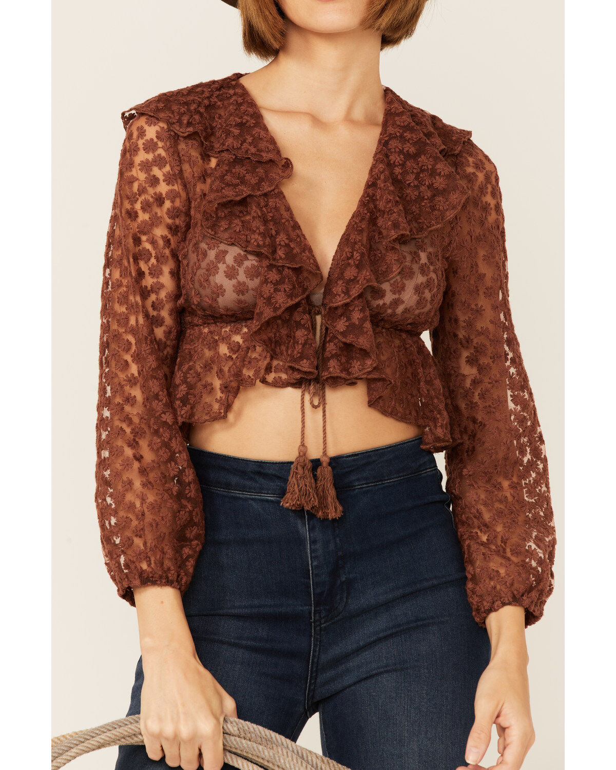 Image #2 - Saints & Hearts Women's Tie Front Lace Ruffle Crop Top, Rust Copper, hi-res
