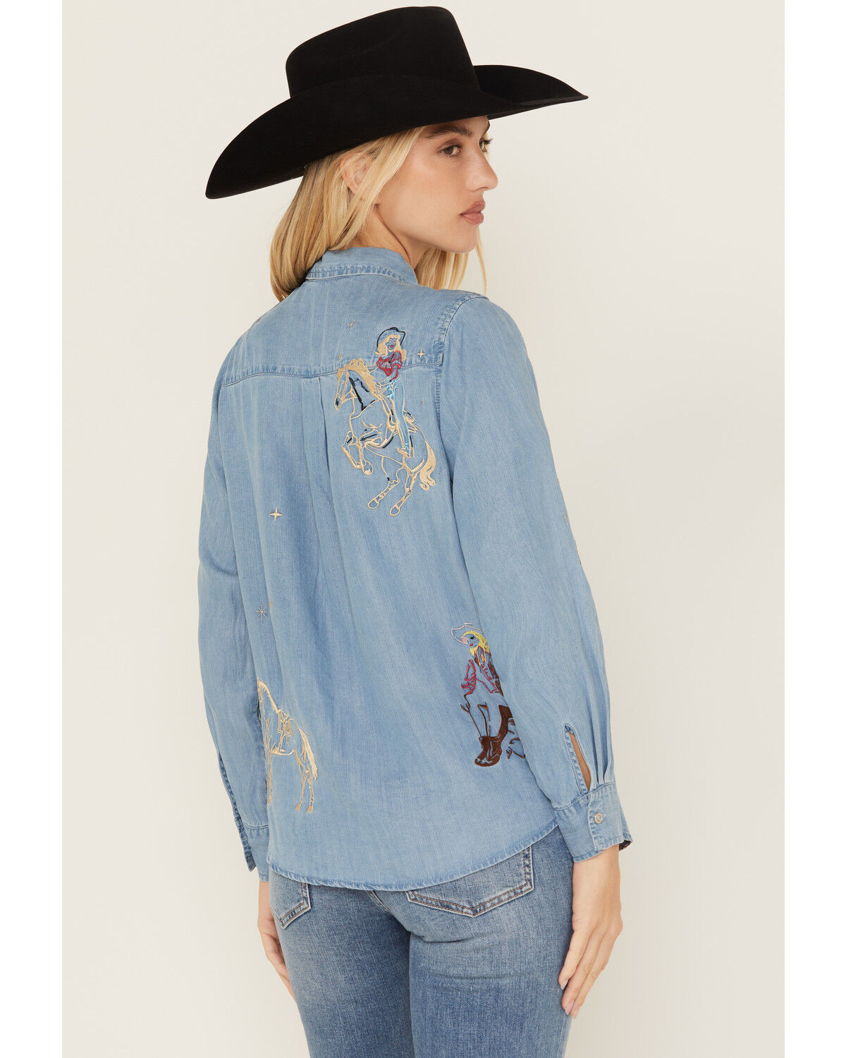 Image #4 - Blue B Women's Cowgirl Embroidered Long Sleeve Button-Down Denim Shirt, , hi-res