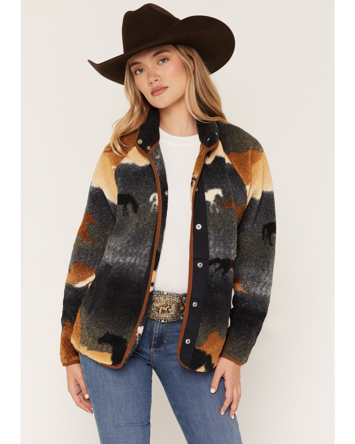 Wrangler Women's Hay Away Running Horse Print Snap Sherpa Jacket, Black, hi-res