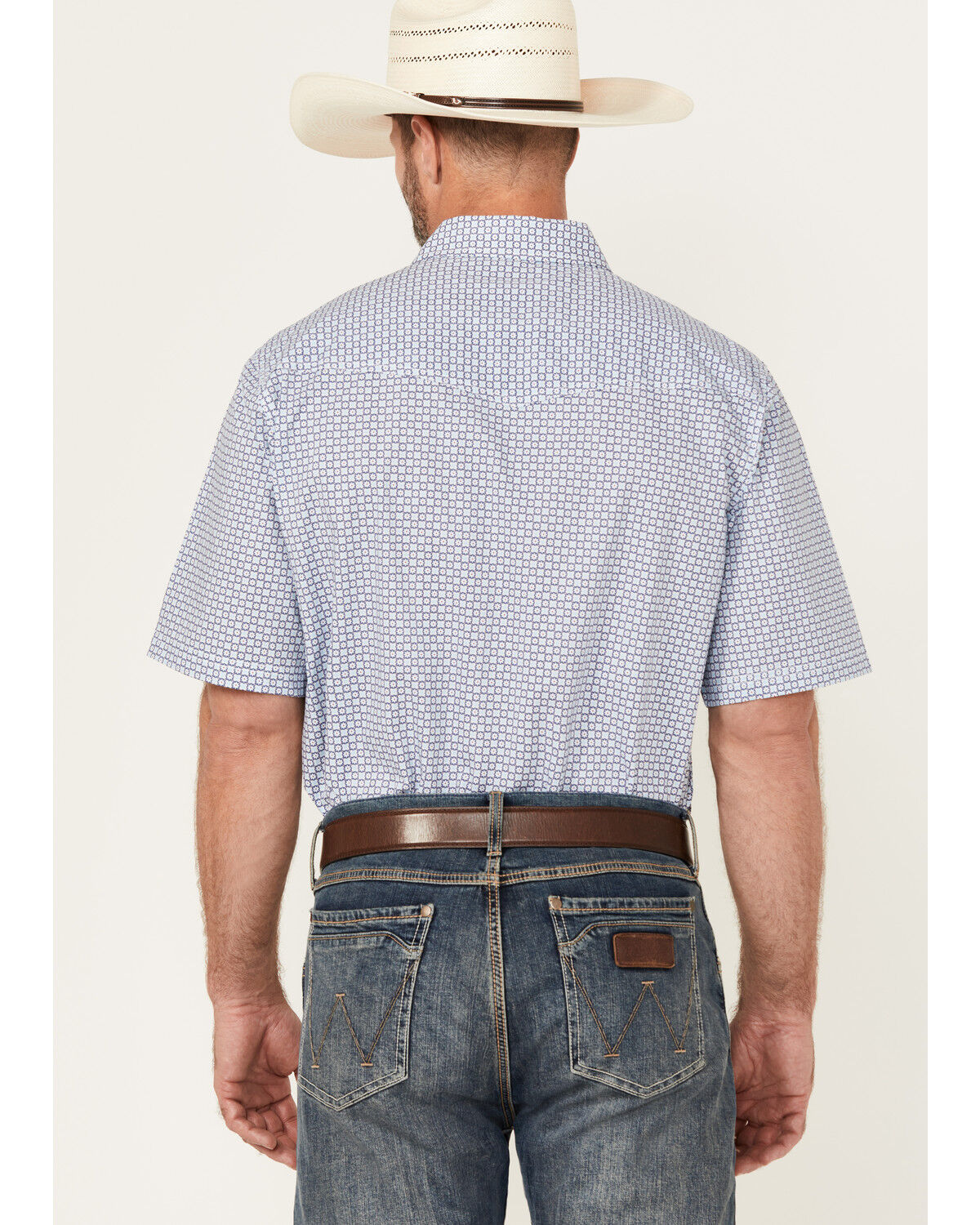 Image #4 - Wrangler 20X Men's Geo Print Short Sleeve Snap Stretch Western Shirt, Blue, hi-res