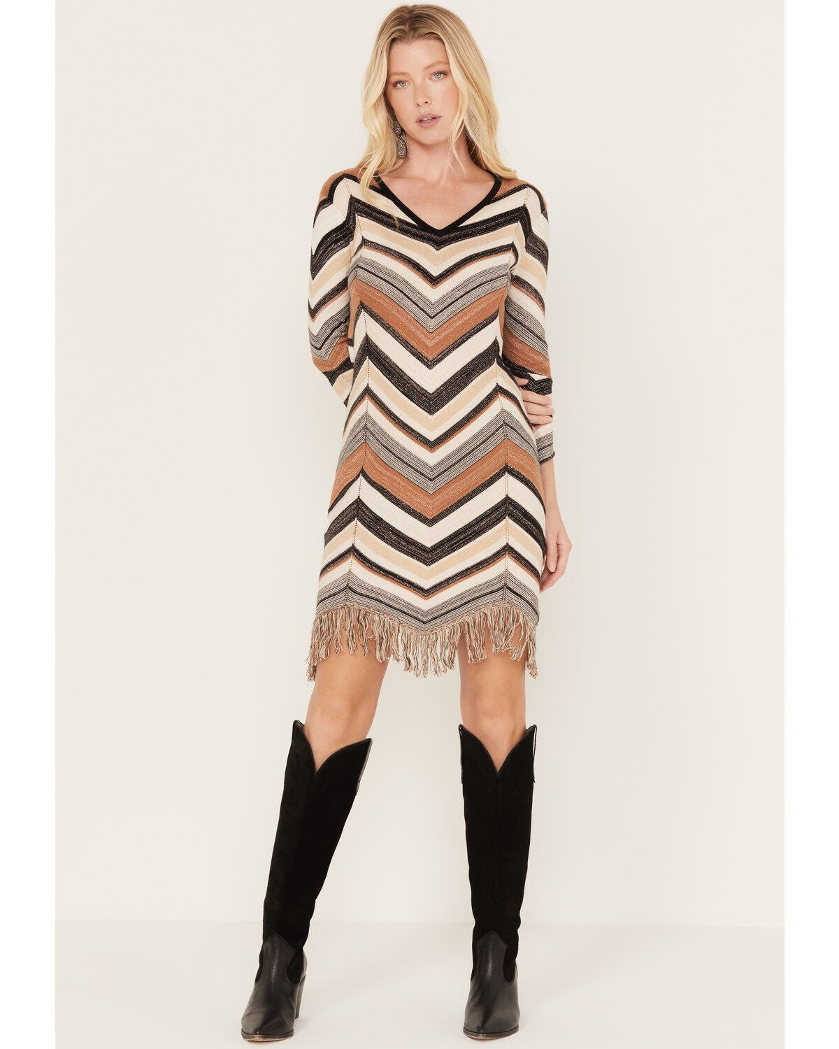 Image #2 - Shyanne Women's Zig Zag Fringe Mini Sweater Dress, Taupe, hi-res