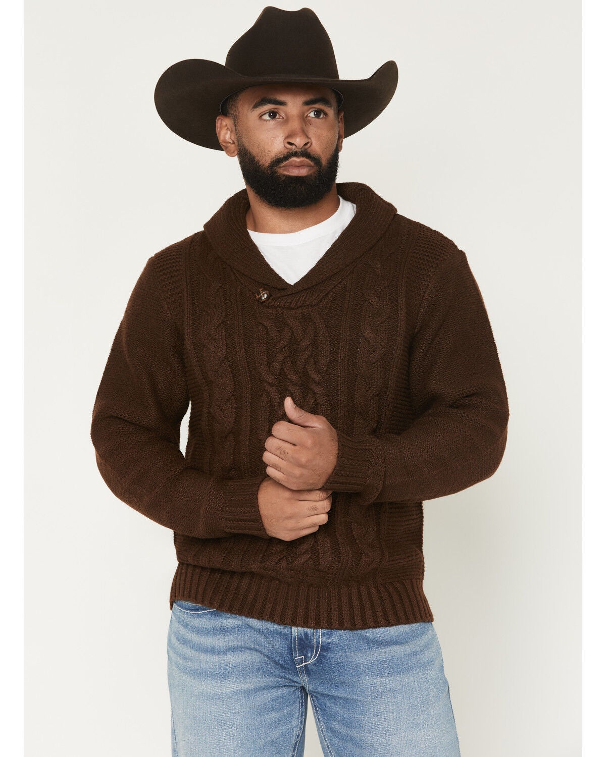 Image #1 - Cotton & Rye Men's Boot Barn Exclusive Solid Cable Knit Sweater, Dark Brown, hi-res