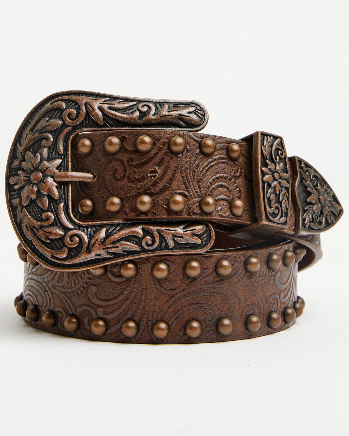 Shyanne Women's Embossed Studded Leather Belt, Brown, hi-res