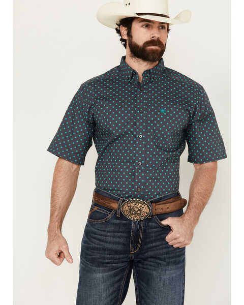 Ariat Men's Johnnie Geo Print Short Sleeve Button-Down Western Shirt , Navy, hi-res