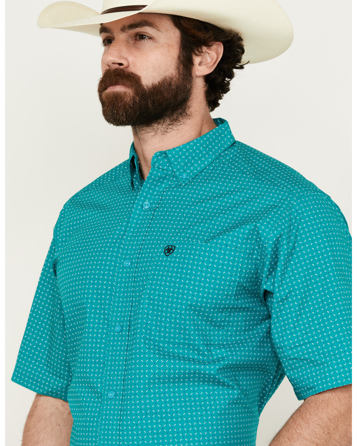 Image #2 - Ariat Men's Judd Geo Print Short Sleeve Button-Down Western Shirt, Turquoise, hi-res