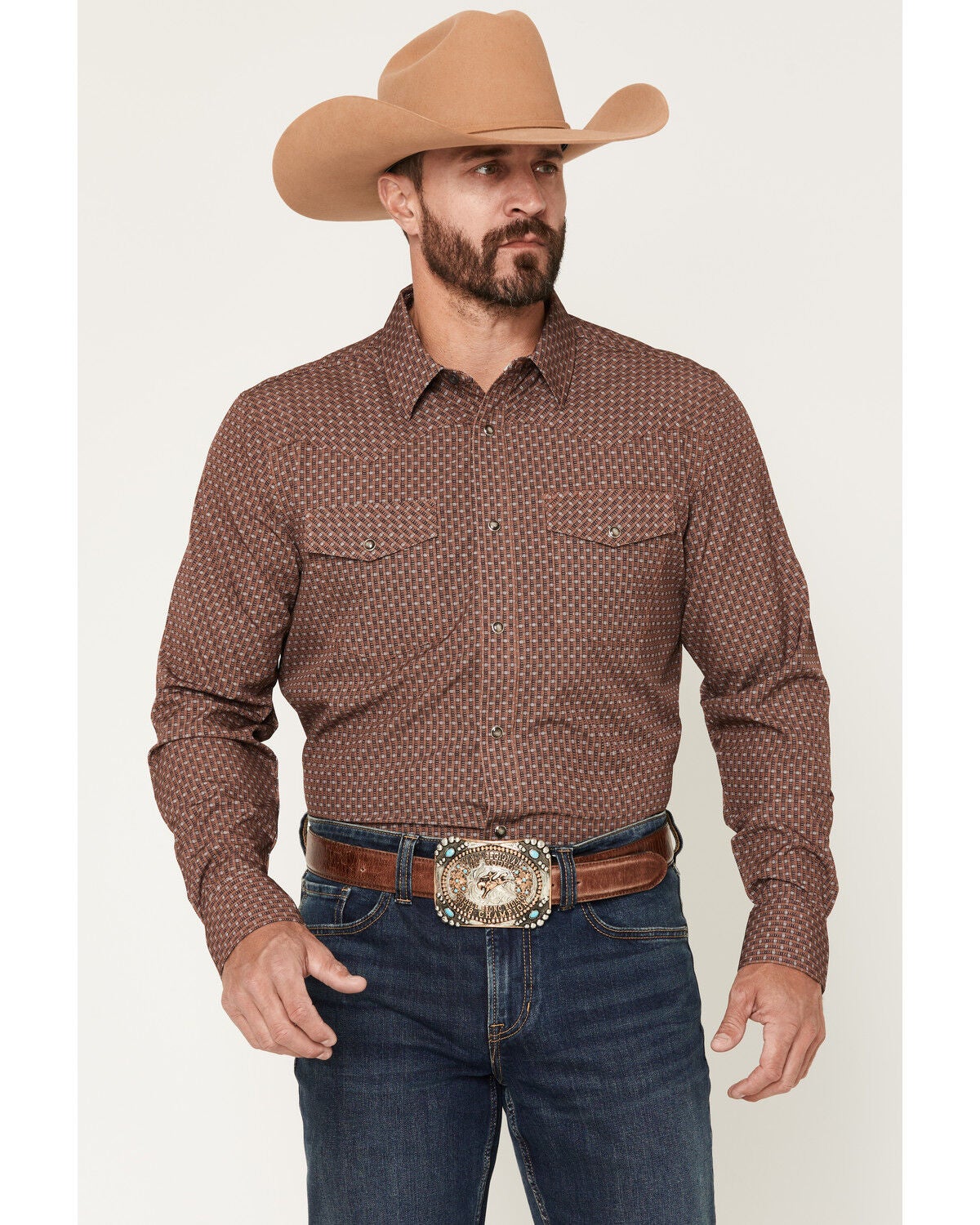 RANK 45&reg; Men's RODEOTEK&trade; 2.0 Geotastic Geo Print Long Sleeve Snap Stretch Performance Western Shirt, Brown, hi-res
